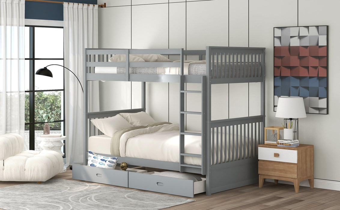 Twin over Twin Bunk Bed with Ladders and TwoStorage Drawers - Gray