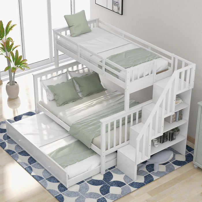 Twin over Full Bunk Bed with Twin size Trundle,Storage Staircase and Guard Rail - White