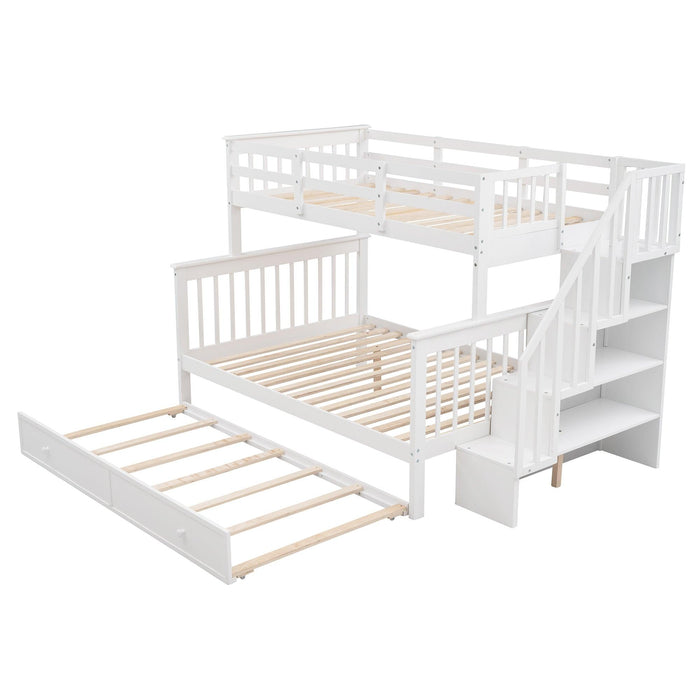Twin over Full Bunk Bed with Twin size Trundle,Storage Staircase and Guard Rail - White