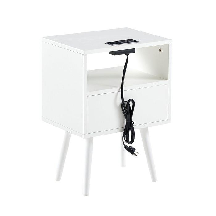 15.75" Rattan End table with Power Outlet  & USB Ports ,Modern nightstand with drawer and solid wood legs, side table for living roon, bedroom, white