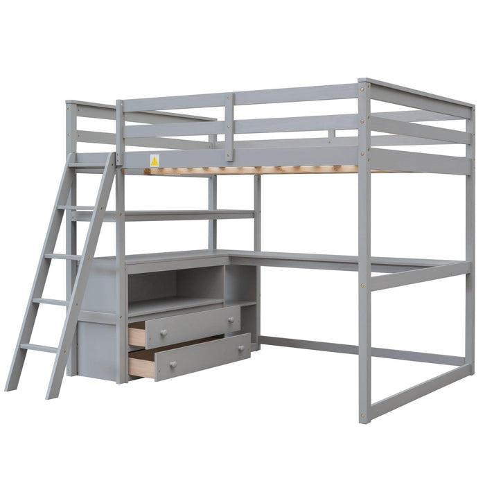 Full Size Loft Bed with Desk and Shelves,Two Built-in Drawers,Gray