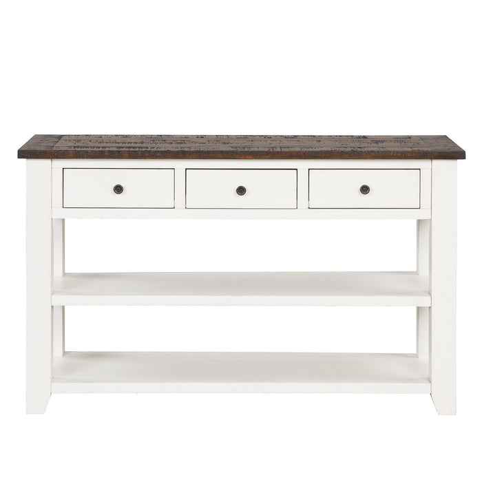 48'' Solid Pine Wood Top Console Table,Modern Entryway Sofa Side Table with 3Storage Drawers and 2 Shelves. Easy to Assemble (Antique White+ Brown Top)