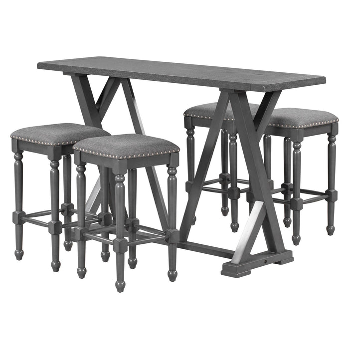 Mid-century Counter Height 5-Piece Dining Set, Wood Console Table with Trestle Legs and 4 Stools for Small Places, Gray