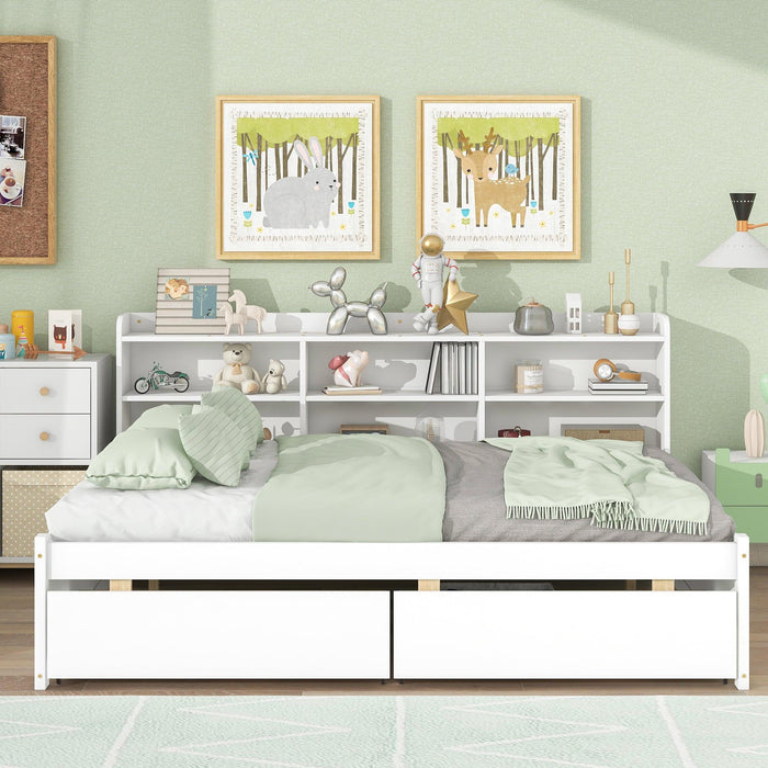 Full Bed with Side Bookcase, Drawers,White
