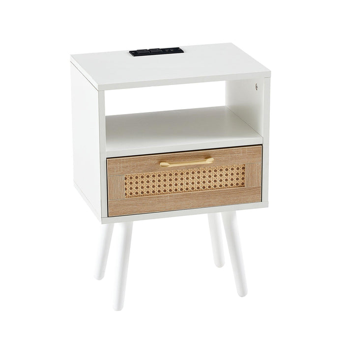 15.75" Rattan End table with Power Outlet  & USB Ports ,Modern nightstand with drawer and solid wood legs, side table for living roon, bedroom, white