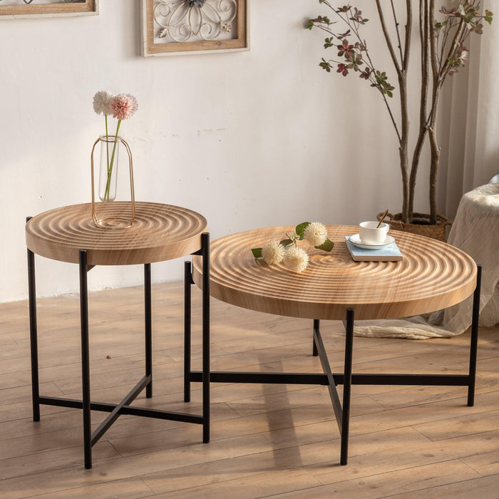 Modern  Thread Design Round Coffee Table ,  MDF  Table Top with Cross Legs Metal Base(Two-piece Set)