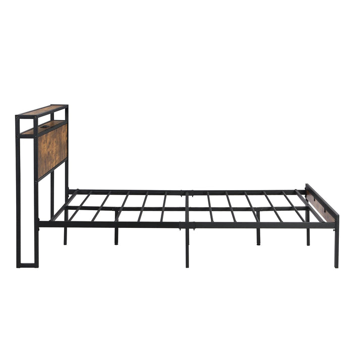 Queen Size  Metal Platform Bed Frame with Wooden Headboard and Footboard with USB LINER, No Box Spring Needed, Large Under BedStorage, Easy Assemble