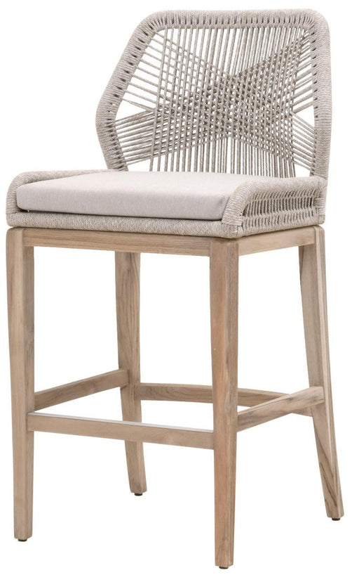 Essentials for Living Woven Loom Outdoor Barstool in Taupe and White Flat Rope, Pumice, Gray Teak image