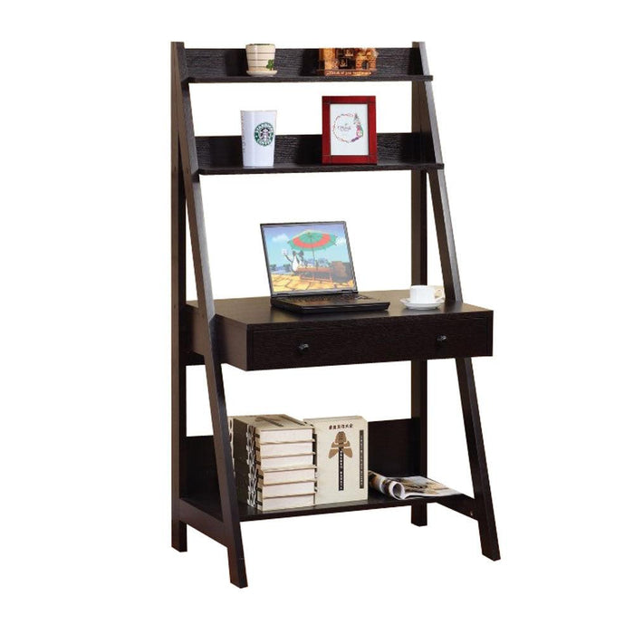 Contemporary Style Ladder Home Office Desk With 3 Open Shelves and 1 Drawer, Brown image