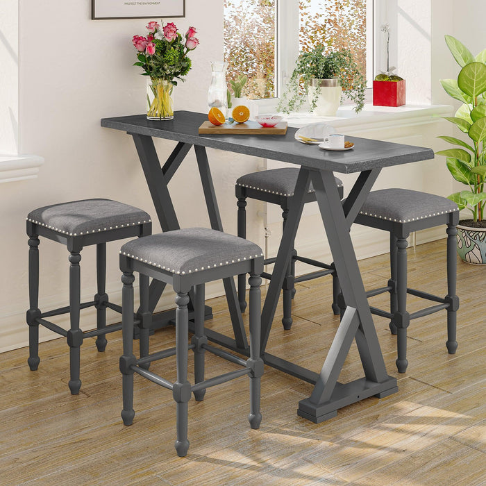 Mid-century Counter Height 5-Piece Dining Set, Wood Console Table with Trestle Legs and 4 Stools for Small Places, Gray image