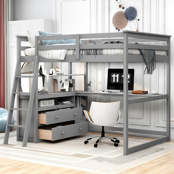 Full Size Loft Bed with Desk and Shelves,Two Built-in Drawers,Gray image
