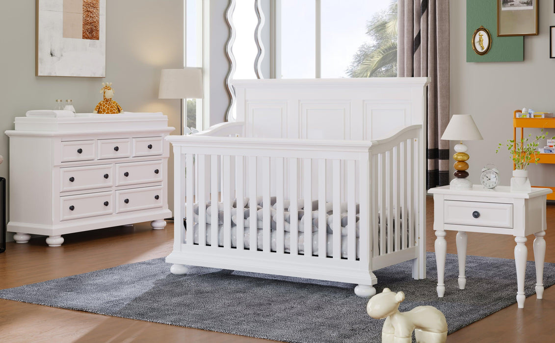 4 Pieces Nursery Sets Traditional Farmhouse Style 4-in-1 Convertible Crib + Nightstand+Dresser with Changing Topper, White image