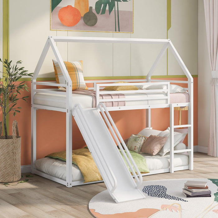 Twin over Twin House Bunk Bed with Ladder and Slide,White image