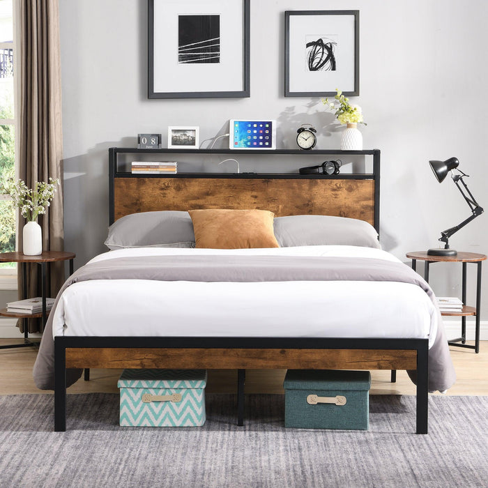Queen Size  Metal Platform Bed Frame with Wooden Headboard and Footboard with USB LINER, No Box Spring Needed, Large Under BedStorage, Easy Assemble image